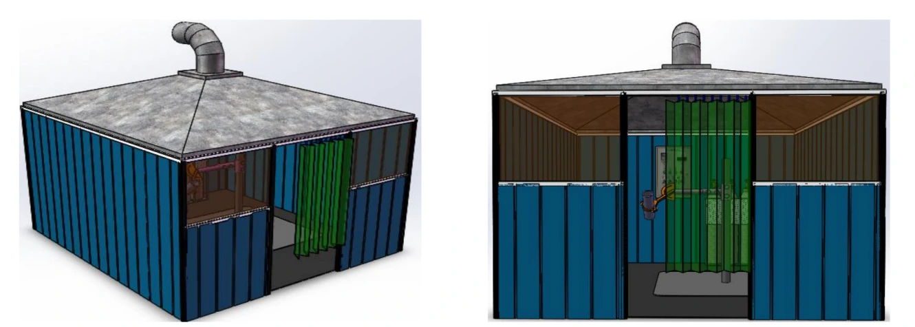 3D CAD architectural model of the modular workstation isolation booth with pyramidal canopy hood