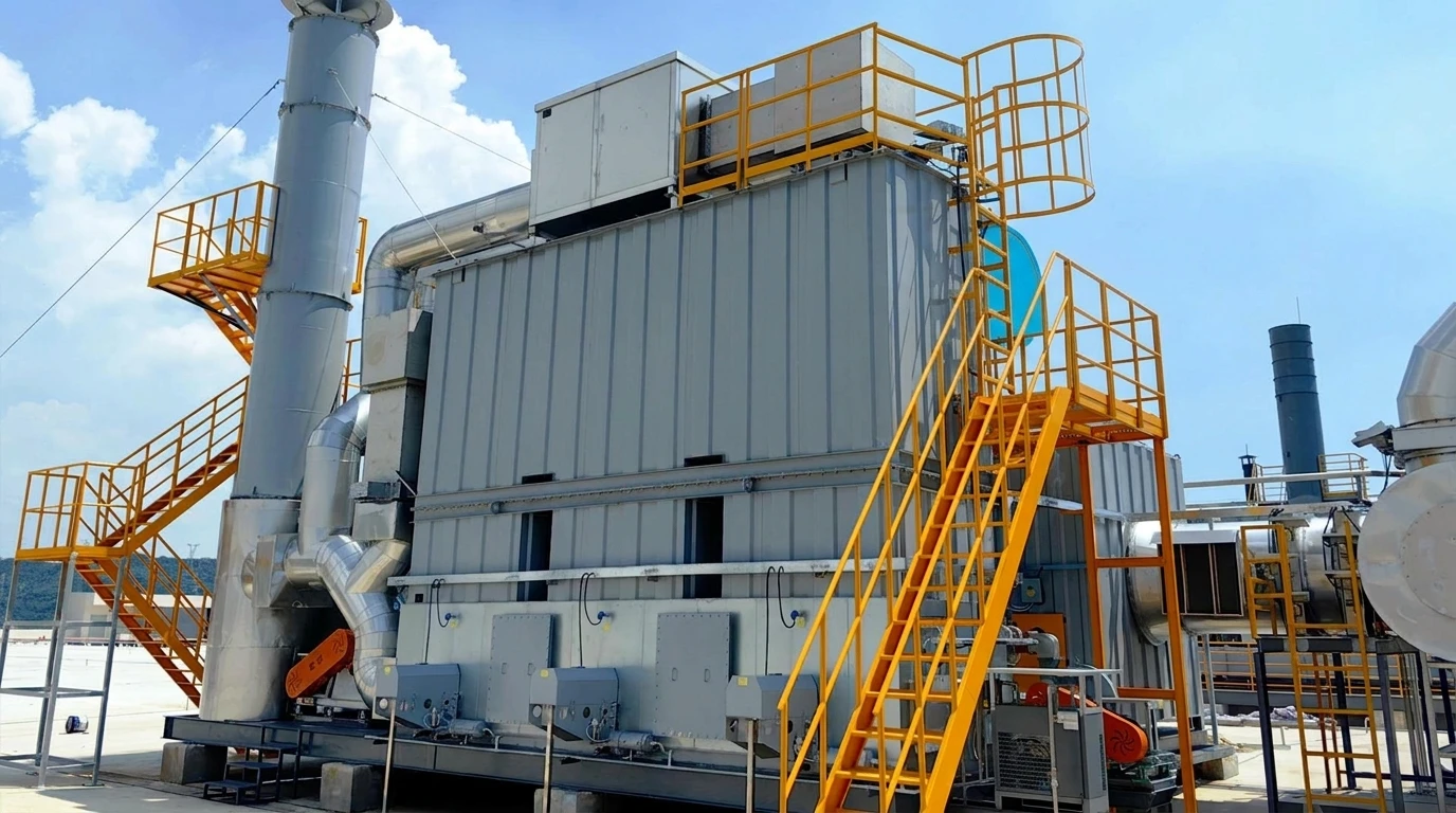 FluxFine 30,000 m³/h rooftop dual-stage activated carbon adsorption system and ductwork network at Guangze Automotive Trim.