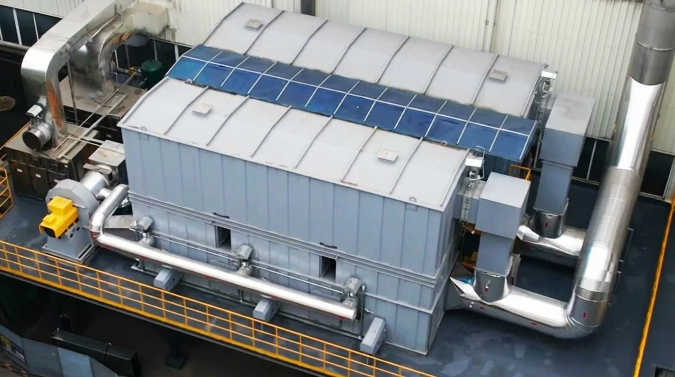FluxFine 60,000 m³/h elevated dual-train 3-Bed RTO thermal oxidizer facility at Haier Smart Home air conditioning plant in Chongqing.