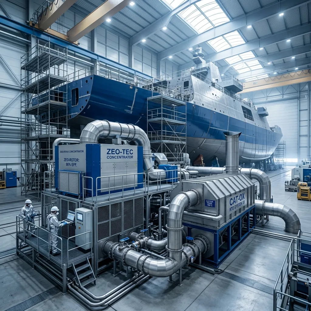 FluxFine industrial VOC abatement train and exhaust stack installed on-site at the Vietnam Shipyard painting facility.