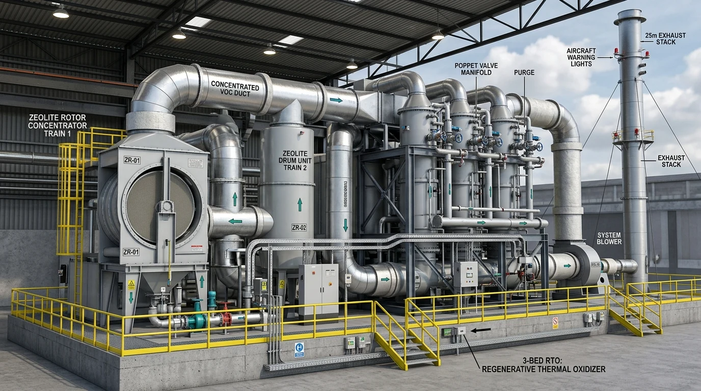 FluxFine 60,000 m³/h dual zeolite rotor/drum and 3-bed RTO thermal oxidation installation engineered for Wuhan Guangjia Automotive.